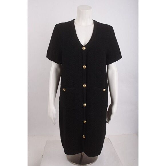 Massimo Dutti Womens Knit Mini Dress bouclé Gold Buttons M Black 6637/624 NWT - Picture 1 of 6